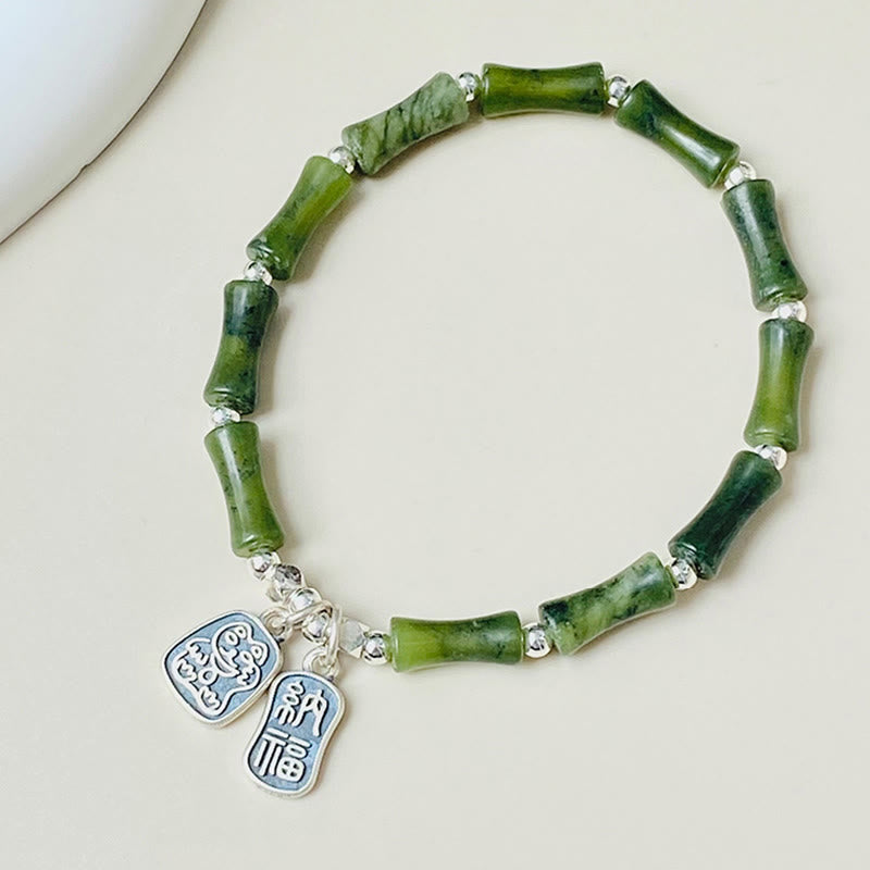 Buddha Stones 925 Srebro Sterlingowe Bambus Jade Lucky Cat Fu Character Luck Abundance Bransoletka - image 2