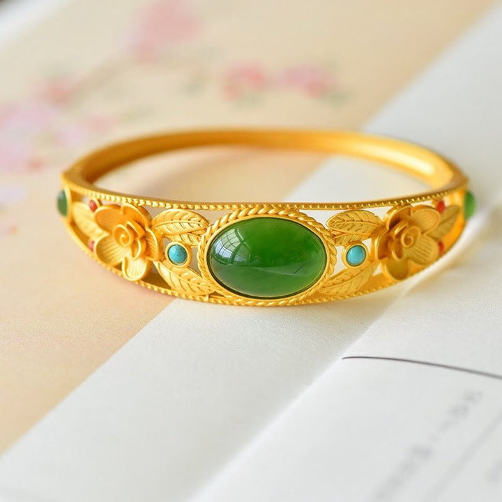 Buddha Stones Cyjan Jade Biały Jade Kwiat Liść Harmonia Szczęście Bransoletka Bangle