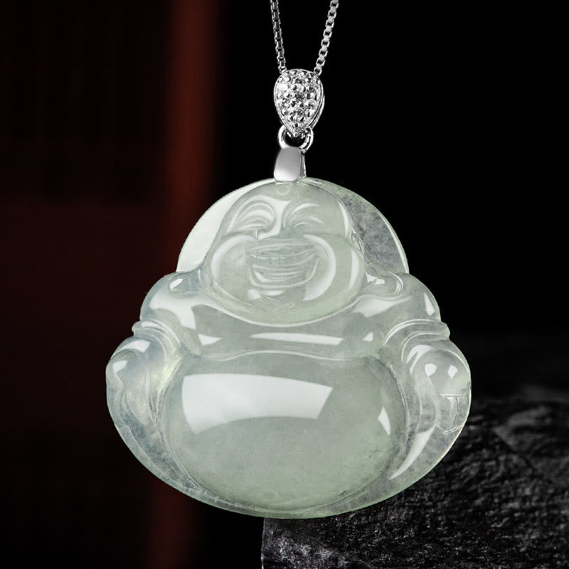 Buddha Stones 925 Srebro Sterling Naturalny Jadeit Śmiejący się Budda Dobrobyt Obfitość Naszyjnik Łańcuch Wisiorek