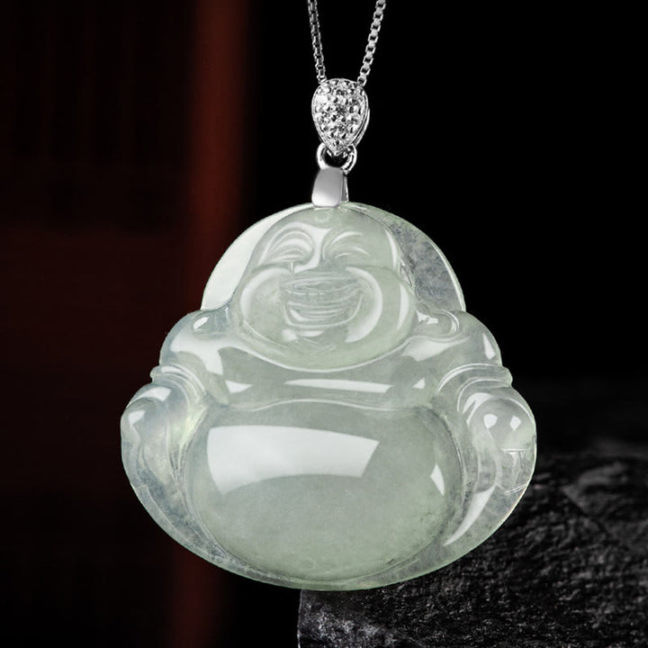 Buddha Stones 925 Srebro Sterling Naturalny Jadeit Śmiejący się Budda Dobrobyt Obfitość Naszyjnik Łańcuch Wisiorek
