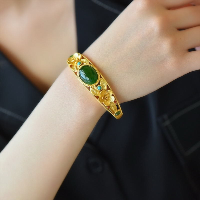 Buddha Stones Cyjan Jade Biały Jade Kwiat Liść Harmonia Szczęście Bransoletka Bangle