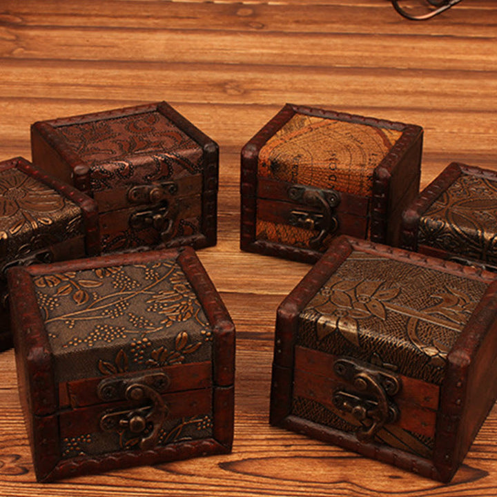 Buddha Stones Retro Małe Kwadratowe Drewniane Pudełko Na Biżuterię Kwiat Lotosu Trawa Winogrono Miedziana Moneta Żonkil Pudełko Do Przechowywania Biżuterii