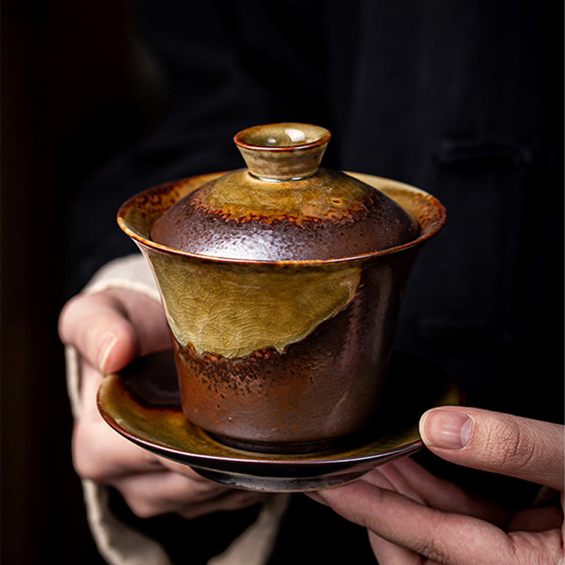 Buddha Stones Vintage Brązowy Piec Zmiana Projektu Porcelana Ceramiczna Gaiwan Sancai Filiżanka Kung Fu Filiżanka I Spodek Z Pokrywką