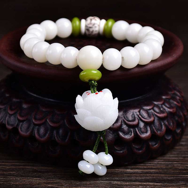 Bransoletka szczęścia z naturalnych białych nasion Bodhi z Buddha Stones Lotus