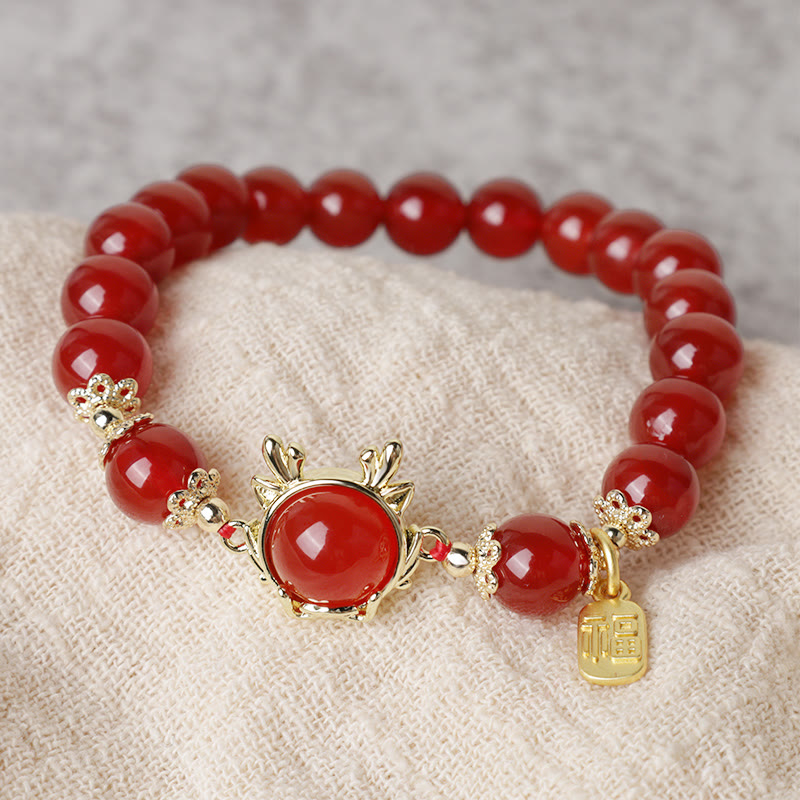 Buddha Stones Rok Smoka Czerwony Agat Jadeit Klamra Pokoju Fu Charakter Bransoletka Sukcesu
