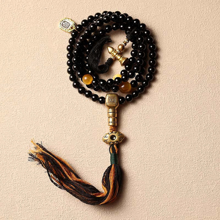 Buddha Stones Tybetańskie 108 Mala Koraliki Czarny Onyks Tygrysie Oko Dziewięć Pałaców Bransoletka Ochronna Bagua