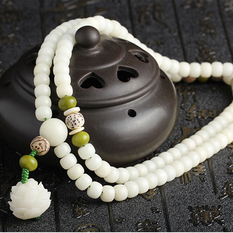 Buddha Stones Biały Jadeit Bodhi Lotus Mala Harmony Naszyjnik Bransoletka