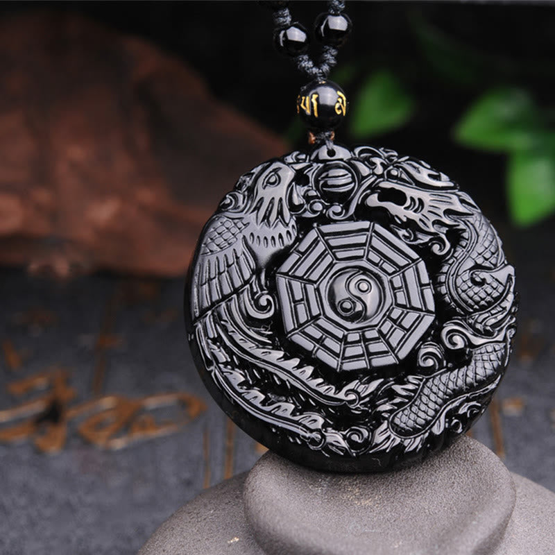 Buddha Stones Naszyjnik z wisiorkiem Bagua Dragon Phoenix Obsydian Spełnienie - image 9