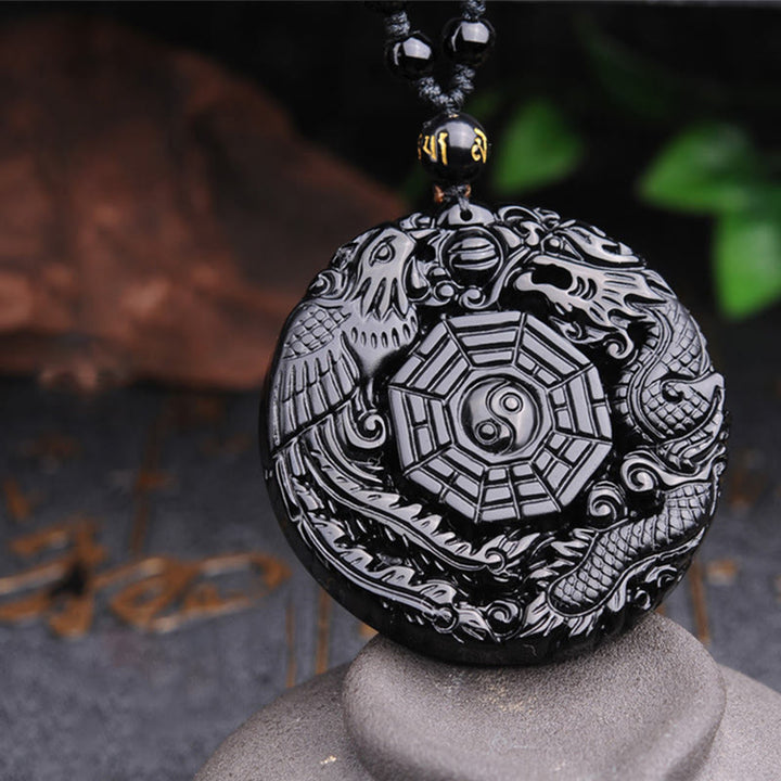 Buddha Stones Naszyjnik z wisiorkiem Bagua Dragon Phoenix Obsydian Spełnienie - image 9
