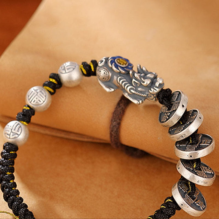 Buddha Stones 999 Srebro Sterlingowe FengShui PiXiu Miedziana Moneta Fu Charakter Bogactwo Bransoletka Pleciona