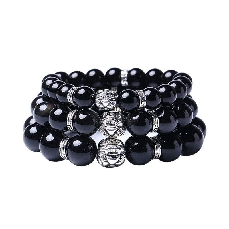 Buddha Stones Bransoletka błogosławieństwa FengShui z naturalnego tęczowego obsydianu PiXiu