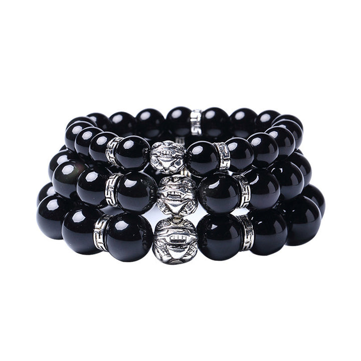 Buddha Stones Bransoletka błogosławieństwa FengShui z naturalnego tęczowego obsydianu PiXiu