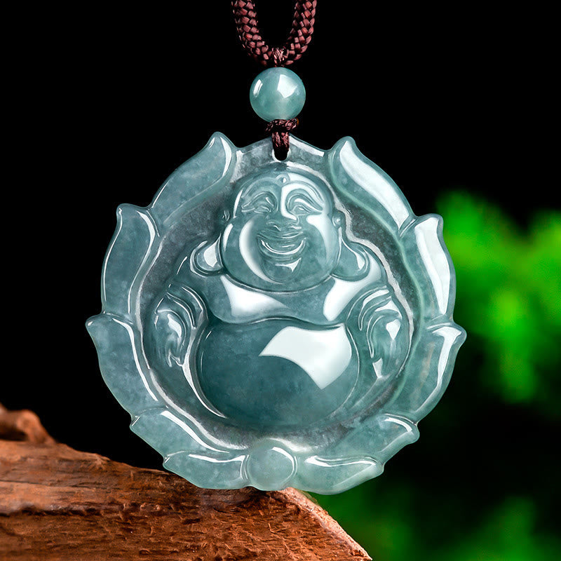 Buddha Stones Naturalny Jadeit Śmiejący Się Budda Wzór Lotosu Naszyjnik Szczęście Wisiorek - Śmiejący się Budda (Szczęście ♥ Bogactwo) - image 1