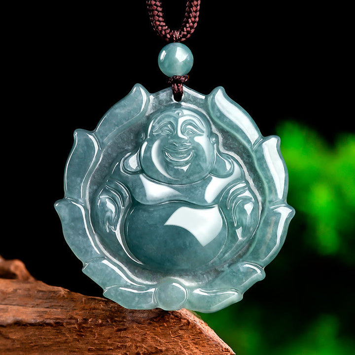 Buddha Stones Naturalny Jadeit Śmiejący Się Budda Wzór Lotosu Naszyjnik Szczęście Wisiorek - Śmiejący się Budda (Szczęście ♥ Bogactwo) - image 1
