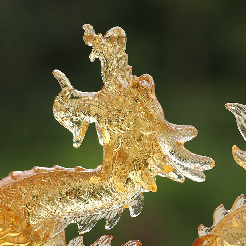 Buddha Stones Ręcznie Chińskie Zodiak Żółty Smok Liuli Kryształowe Dzieło Sztuki Szczęścia Ochrona Dekoracja Domu i Biura