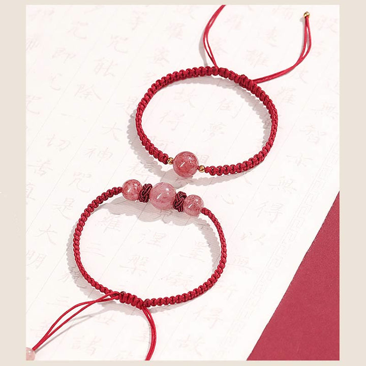 Buddha Stones Naturalny Kryształ Kwarcowy Truskawkowy Miłość Czerwona Bransoletka Tkana Sznurkiem Anklet
