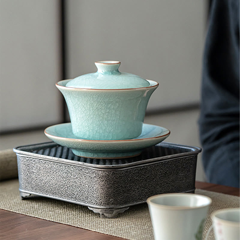 Buddha Stones Retro Zielony Lodowy Glazura Ceramiczny Gaiwan Sancai Filiżanka Kung Fu Filiżanka I Spodek Z Pokrywką