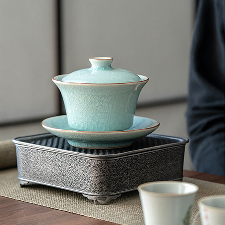 Buddha Stones Retro Zielony Lodowy Glazura Ceramiczny Gaiwan Sancai Filiżanka Kung Fu Filiżanka I Spodek Z Pokrywką