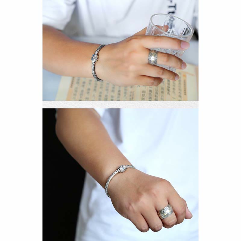Buddha Stones 990 Srebro Sterling Tybetańskie Pomyślne Chmury Om Mani Padme Hum Grawerowana Bransoletka Kreatywności Bangle