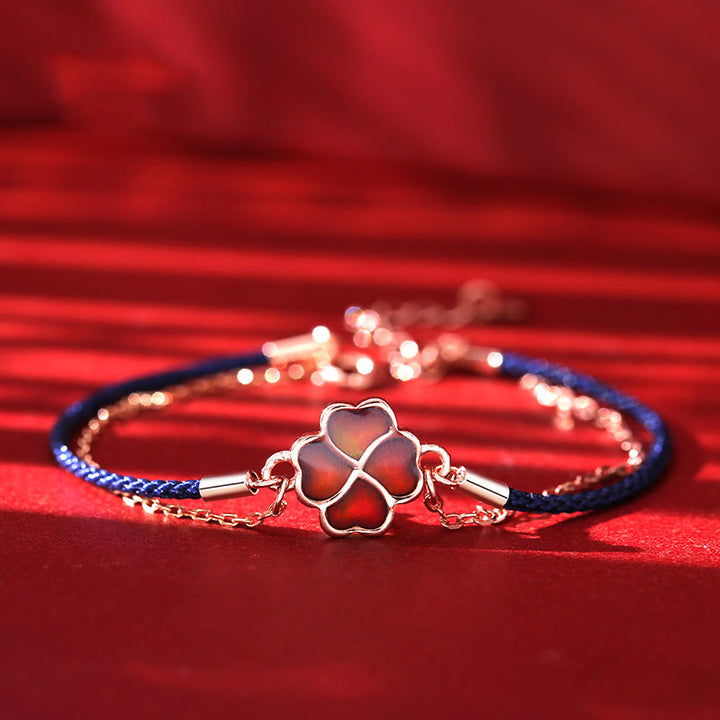 Bransoletka Buddha Stones 925 Sterling Silver Color Changing Four Leaf Clover Luck Protection Red String