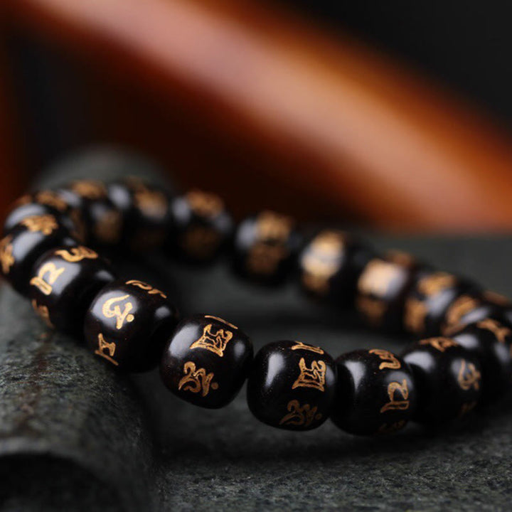 Buddha Stones Tybetańskie Drewno Hebanowe Om Mani Padme Hum Grawerowana Bransoletka Pokoju