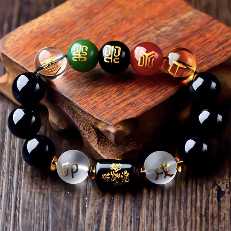 Buddha Stones Chiński Zodiak Feng Shui Obsydian Pięcioelementowy Bogactwo Bransoletka Porsperity