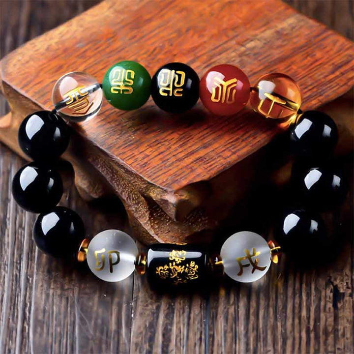 Buddha Stones Chiński Zodiak Feng Shui Obsydian Pięcioelementowy Bogactwo Bransoletka Porsperity