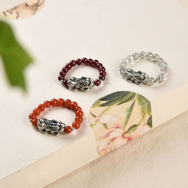 Buddha Stones 925 Srebro Sterling Naturalny Granat Kamień Księżycowy Czerwony Agat Pierścień PiXiu Wealth