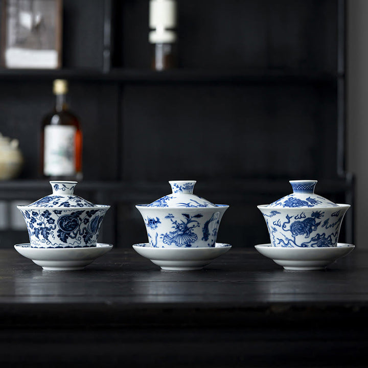 Buddha Stones Niebieskie I Białe Porcelany Lotos Ryba Koi Taniec Lwa Arbuz Ceramiczny Gaiwan Sancai Filiżanka Kung Fu Filiżanka I Spodek Z Pokrywką 300 ml
