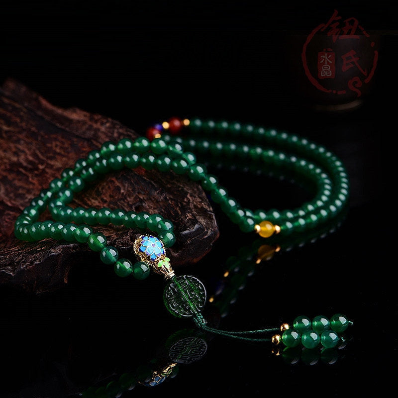 Buddha Stones 108 Mala Beads Naturalna Zielona Agatowa Bransoletka Wspomagająca Moc