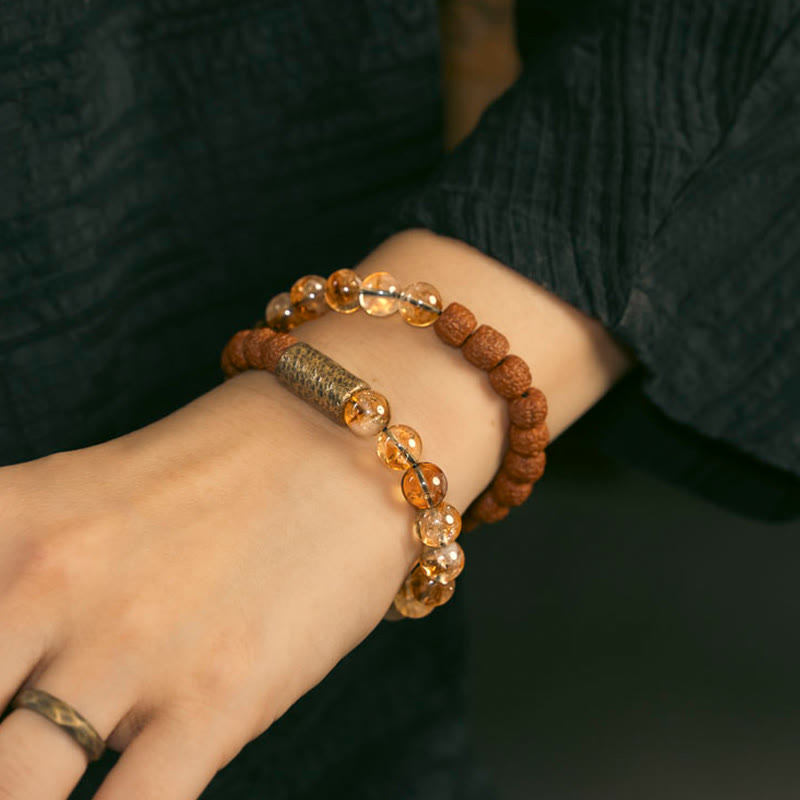 Buddha Stones Naturalny Kryształ Cytrynu Rudraksha Bodhi Nasiona Mosiężne Koraliki Dobrobytu Podwójnie Owijana Bransoletka