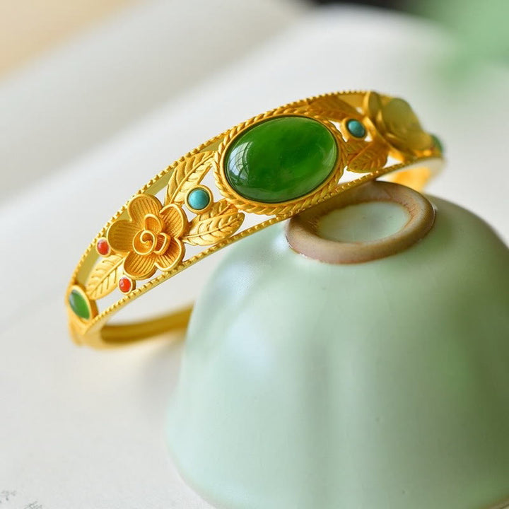 Buddha Stones Cyjan Jade Biały Jade Kwiat Liść Harmonia Szczęście Bransoletka Bangle