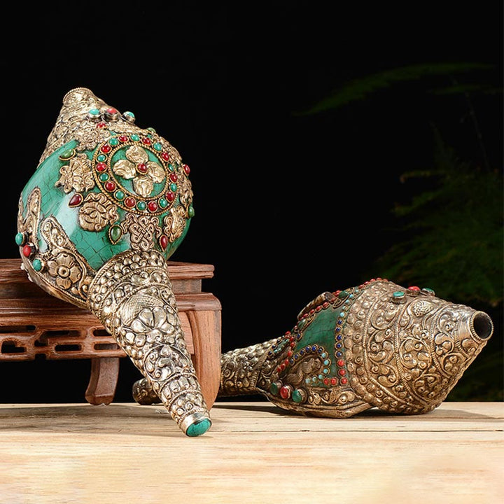Tybetański ręcznie grawerowany Shankha Double Dorje Budda Conch Shell Wealth Pozytywna dekoracja