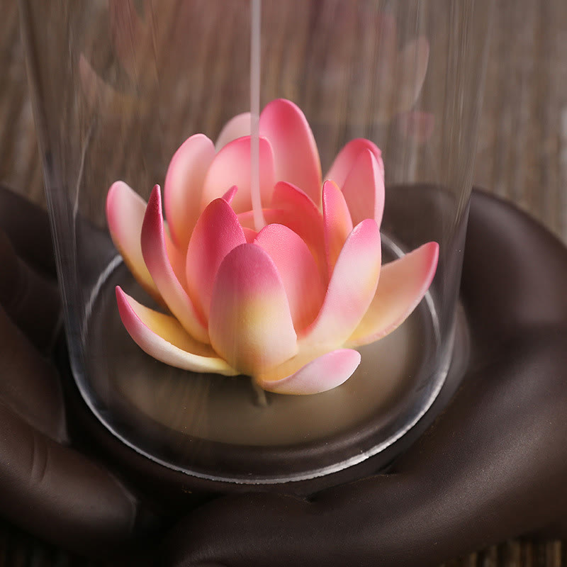 Buddha Stones Ręka Buddy Lotos Oświecenie Światło LED Fioletowa Glina Ceramiczna Kadzielnica Dekoracja