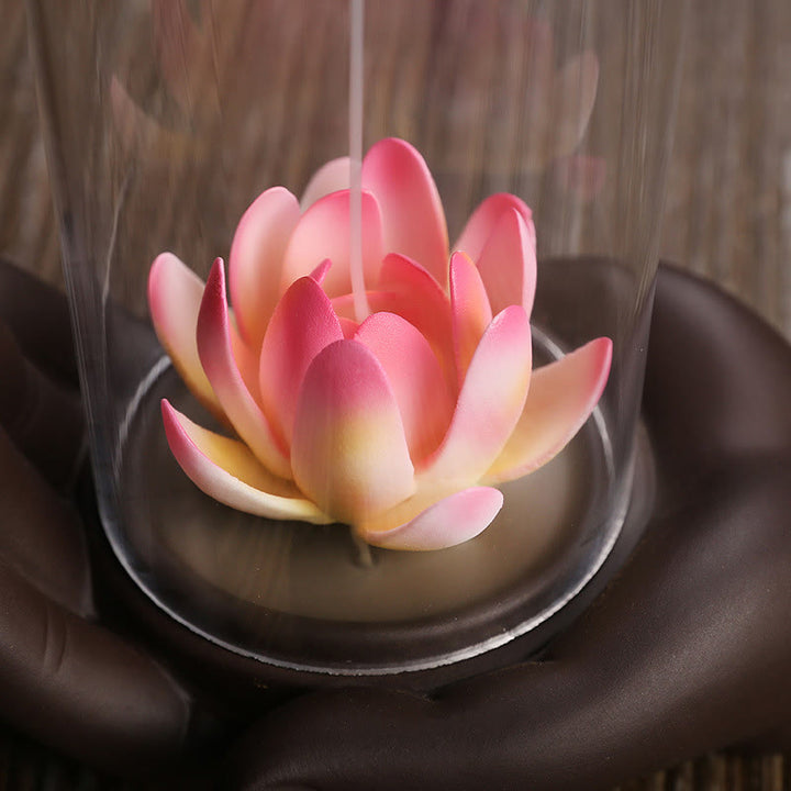 Buddha Stones Ręka Buddy Lotos Oświecenie Światło LED Fioletowa Glina Ceramiczna Kadzielnica Dekoracja