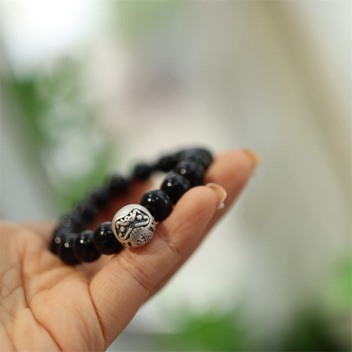 Bransoletka ochronna z Buddha Stones 925 ze srebra próby 925 z czarnym onyksem i grawerowanym charakterem