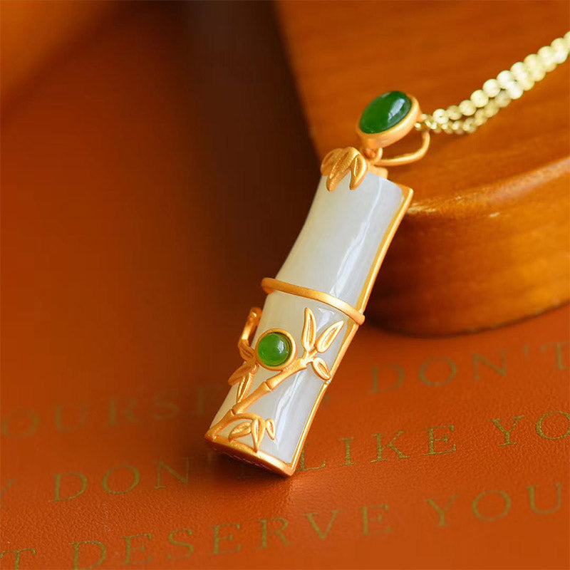 Buddha Stones Biały Jadeit Cyjan Jadeit Bambus Ochrona Naszyjnik Wisiorek