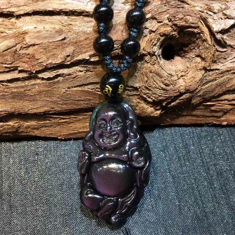 Naturalny tęczowy obsydianowy naszyjnik z wisiorkiem „Śmiejący się Budda” - image 5
