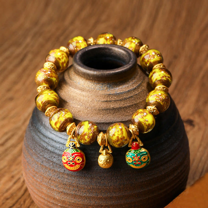 Buddha Stones Złota Połykająca Bestia Rodzina Charm Liuli Szklane Koraliki Bransoletka Fortuna