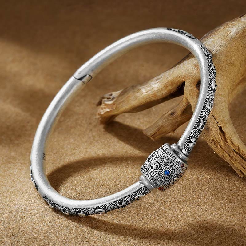 Buddha Stones 990 Srebro Sterling Tybetańskie Pomyślne Chmury Om Mani Padme Hum Grawerowana Bransoletka Kreatywności Bangle