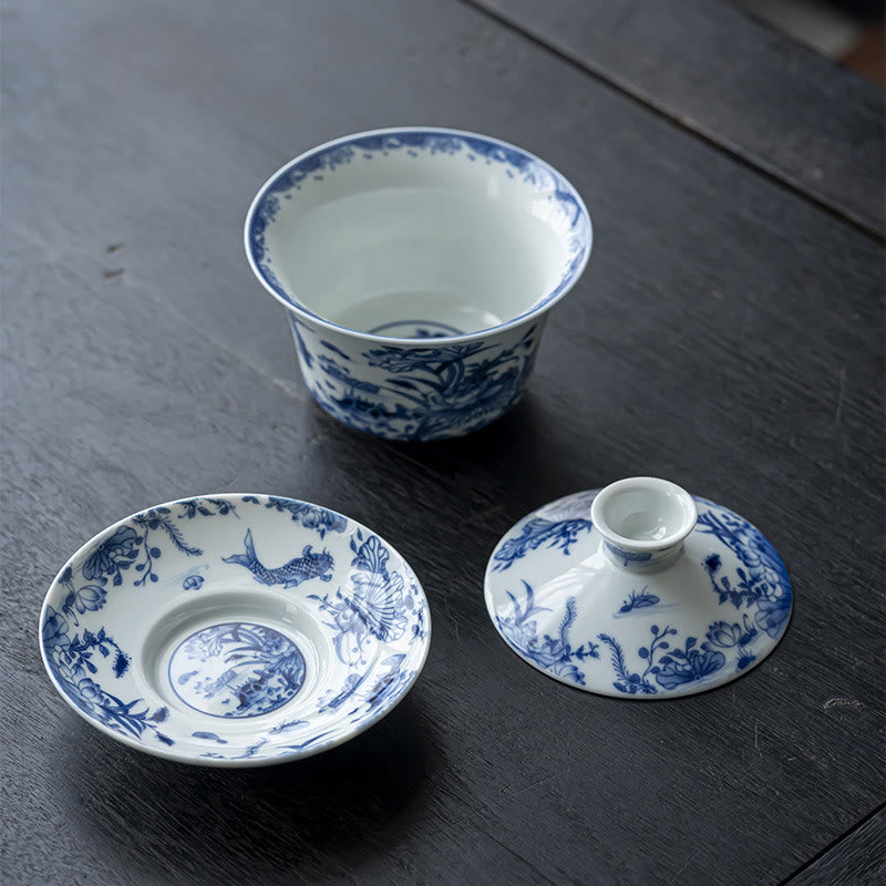 Buddha Stones Niebieskie I Białe Porcelany Lotos Ryba Koi Taniec Lwa Arbuz Ceramiczny Gaiwan Sancai Filiżanka Kung Fu Filiżanka I Spodek Z Pokrywką 300 ml