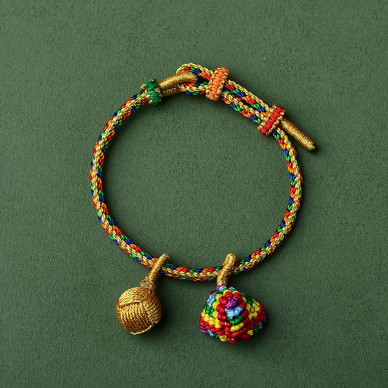 Buddha Stones Kolorowa Lina Szczęścia Ręcznie Robiona Bransoletka Zongzi Złota Kula Charm