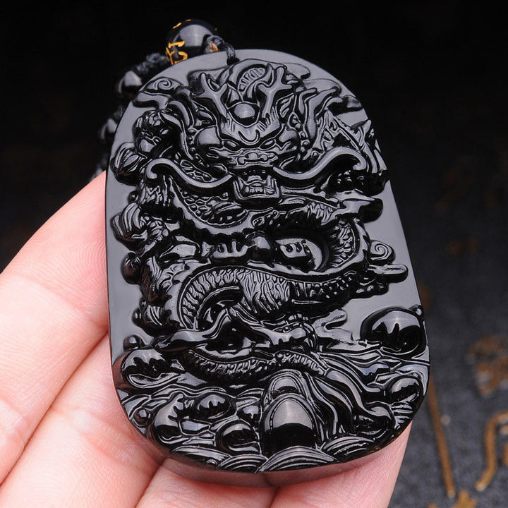 Buddha Stones Naszyjnik z wisiorkiem w kształcie smoka z czarnego obsydianu - image 3