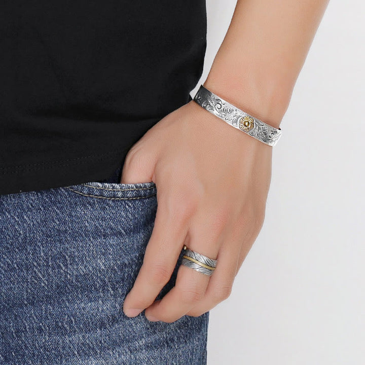 Buddha Stones Dynastia Tang Kwiat Projekt Róży Kwiat Pióro Rzeźbiona Miedziana Bransoletka Szczęścia Bangle