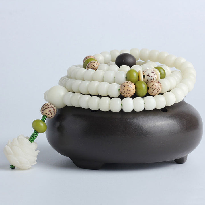 Buddha Stones Biały Jadeit Bodhi Lotus Mala Harmony Naszyjnik Bransoletka