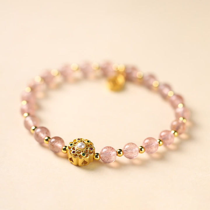Buddha Stones 14K pozłacane Naturalny Kwarc Truskawkowy Labradoryt Kamień Słoneczny Fu Charakter Pozytywny Charm Bransoletka
