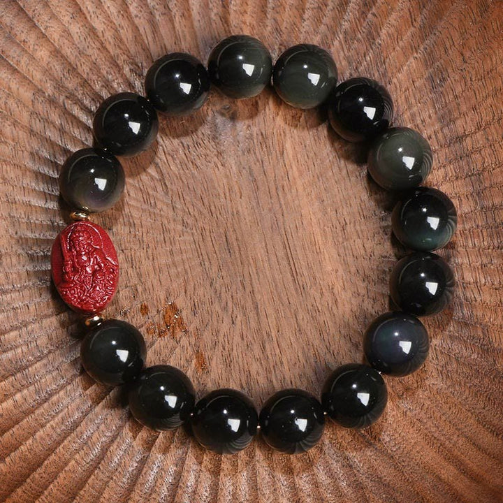 Buddha Stones Chiński Zodiak Natal Budda Naturalny Czarny Obsydian Cynober Oczyszczająca Bransoletka