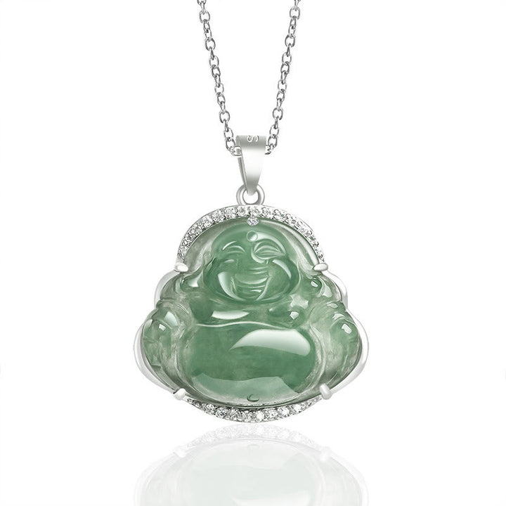 Buddha Stones Śmiejący się Budda Naturalny Jadeit Szczęście Dobrobyt Tytanowy Stalowy Łańcuszek Wisiorek - Śmiejący się Budda (Szczęście ♥ Bogactwo) - image 0