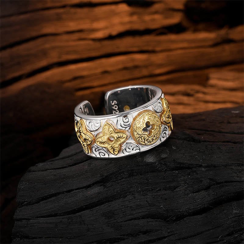 Pierścionek szczęścia z motywem kwiatów z dynastii Tang , Buddha Stones, 925 Sterling Silver