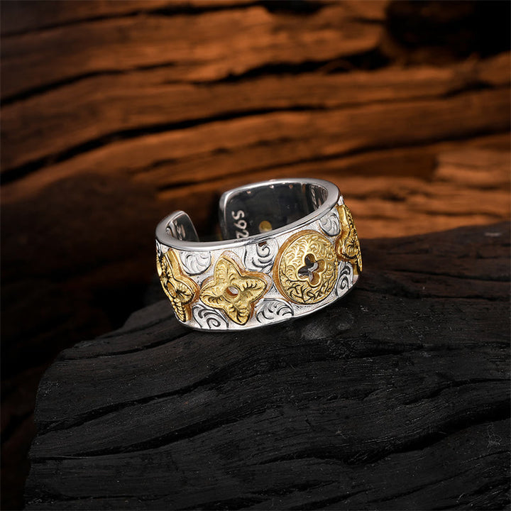 Pierścionek szczęścia z motywem kwiatów z dynastii Tang , Buddha Stones, 925 Sterling Silver